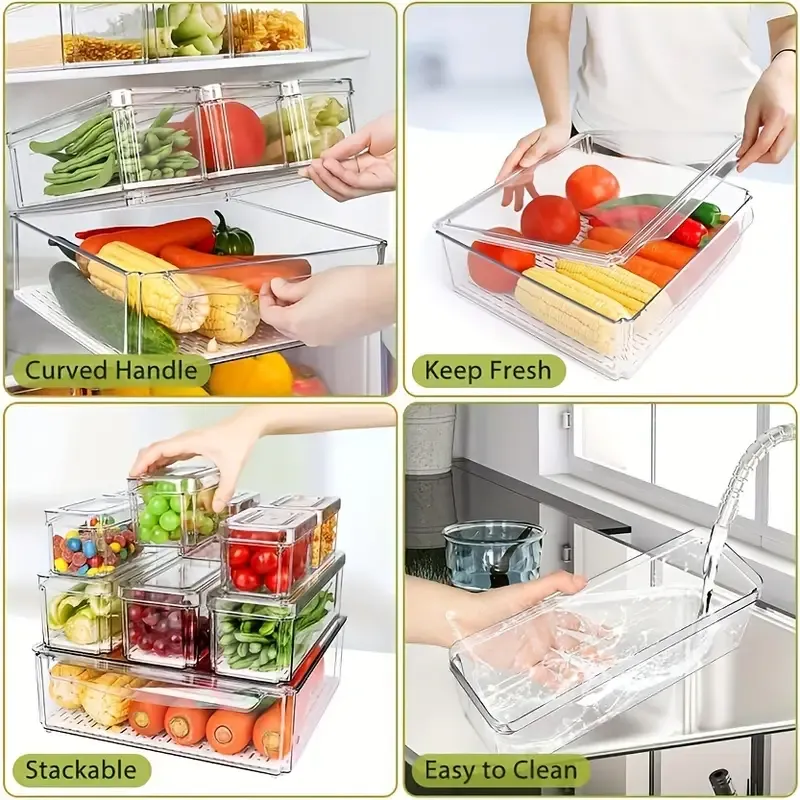 Collapsible refrigerator organizer with lid High transparent food grade Pet organizer Kitchen storage box