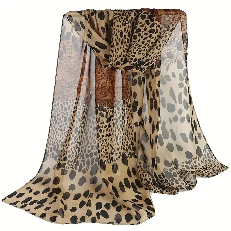 Boho Style Leopard Print Scarf for Women - 100% Polyester, Inelastic, Non-Feathered, Printed Chiffon Shawl - Windproof, Warm, Breathable Head Wrap for Going Out, Travel, Beach - 1PCS