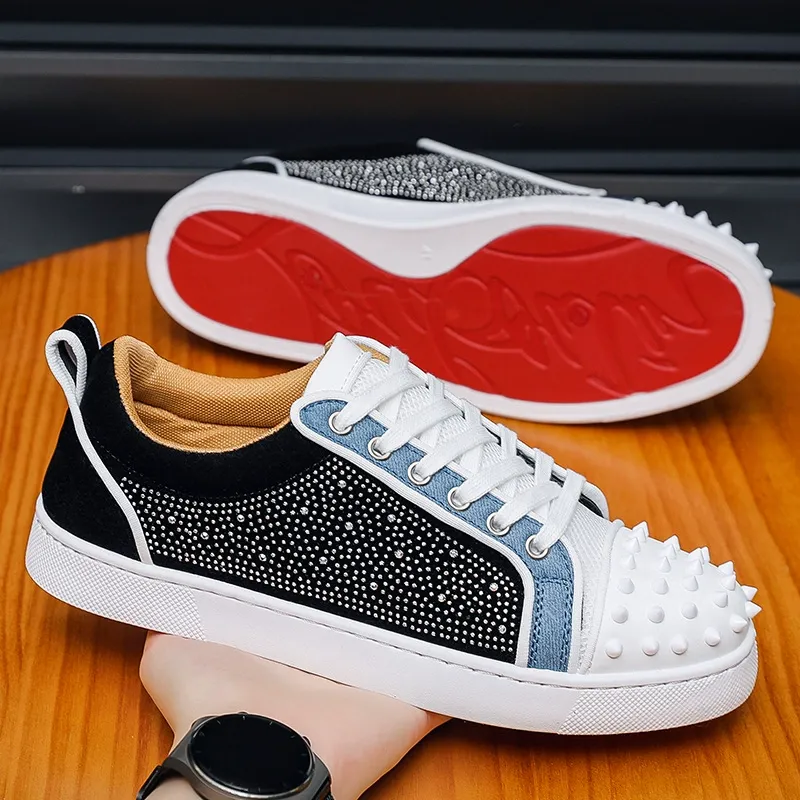 Men's Red-Soled Casual Shoes with Rivets and Rhinestones Trendy Men's Sneakers Two-Tone Hip-Hop Trainers