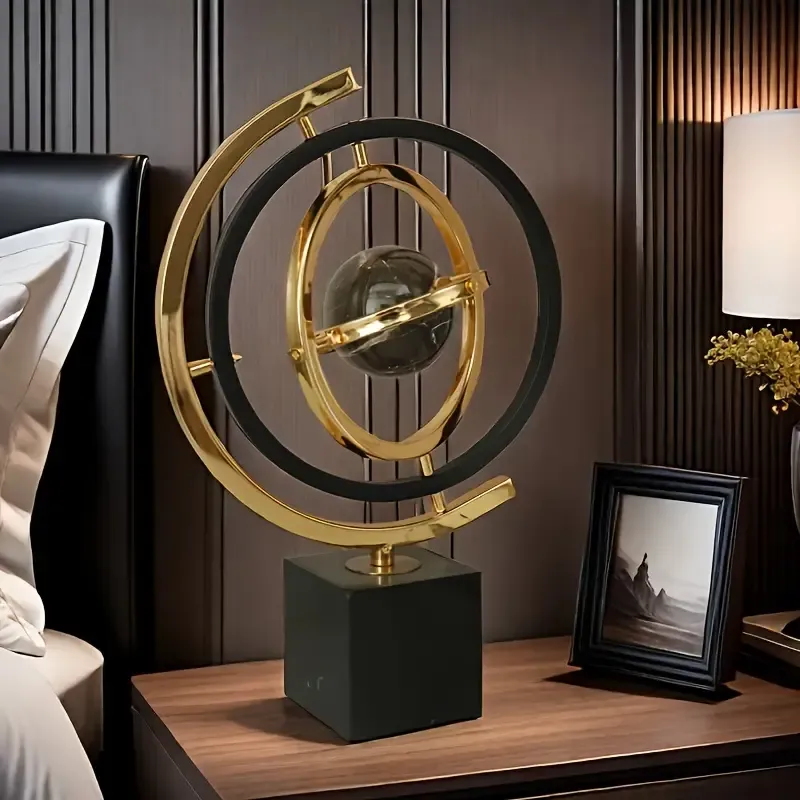 Modern Abstract Metal Globe Sculpture with Rectangular Stand - Black & Golden Art Decor