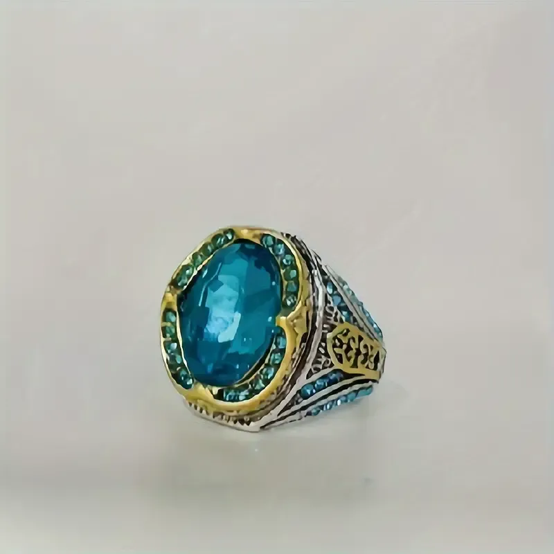 Handcrafted Vintage Turkish Blue Cubic Zirconia Ring, Antique Silvery Finish, Fashionable Islamic Jewelry