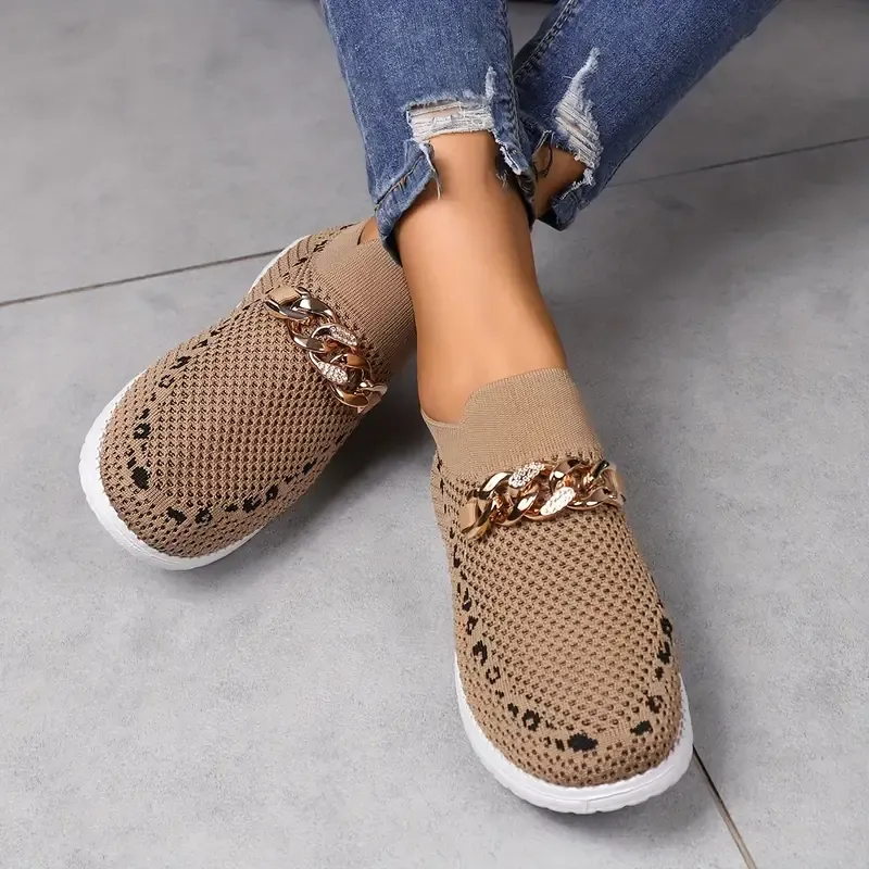 Women's Lightweight Outdoor Sneakers With Chain Decor, Mesh Breathable Low Top Walking Shoes