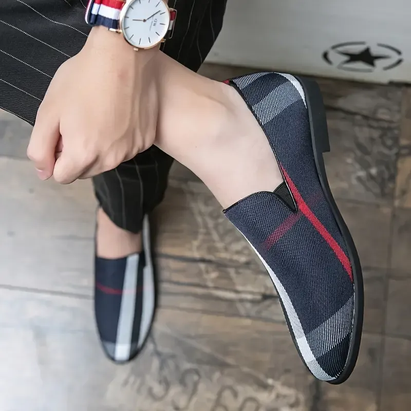 Men's Casual Striped Loafer Shoes - Fashionable One-Piece Slip-On with Round Toe, Low-Profile, PU Leather, Rubber Sole, Ideal for Daily and Leisure Wear, Unisex Adult