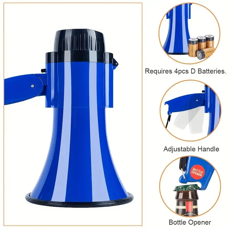 30 Watt Portable Bullhorn Megaphone Speaker with Voice, Siren Alarm, 240S Recording, Adjustable Handle, Bottle Opener, Volume Control, Strap - Battery Powered ABS Material, Operating Voltage ≤36V