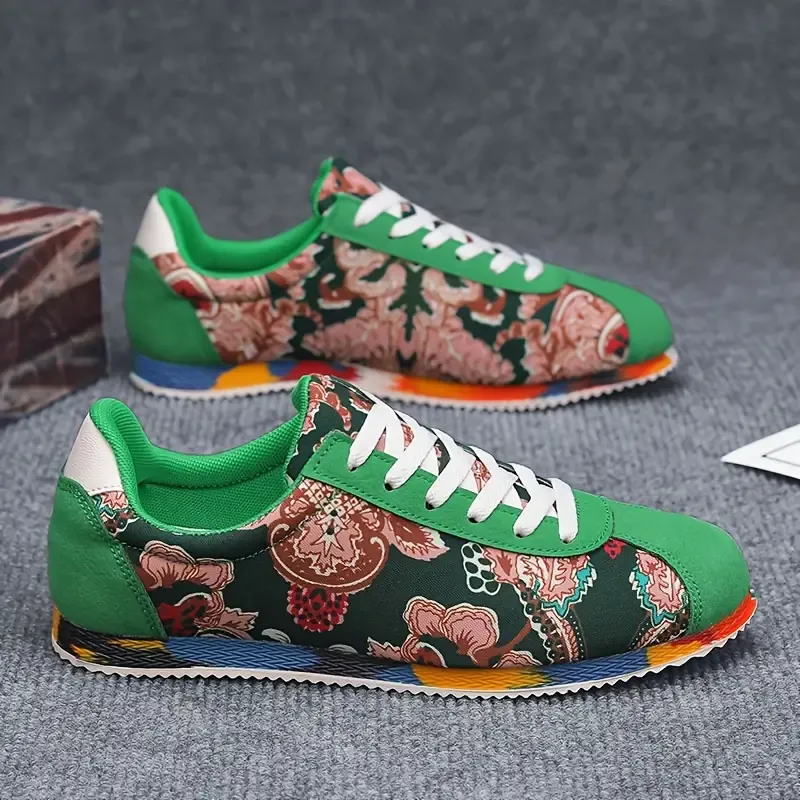 Men's Ethnic Style Floral Pattern Sneakers, Comfy Non Slip Durable Lace Up Vintage Shoes, Men's Footwear