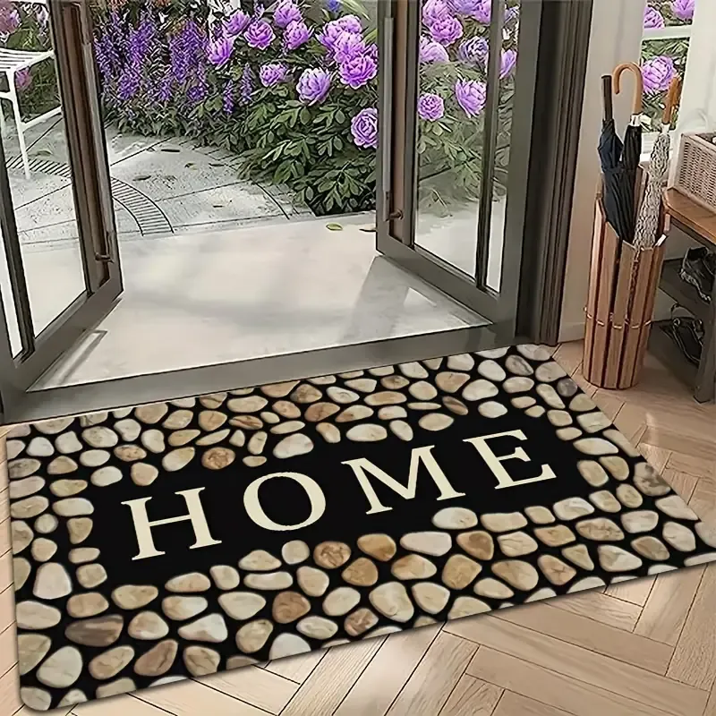 1pc Crystal Velvet Door Mat, Pebble Letter Print Floor Mat, Non-Slip Polyester Area Rug, Stain-resistant Washable Rug, For Laundry Room, Kitchen Room Decor Guest Room Decor