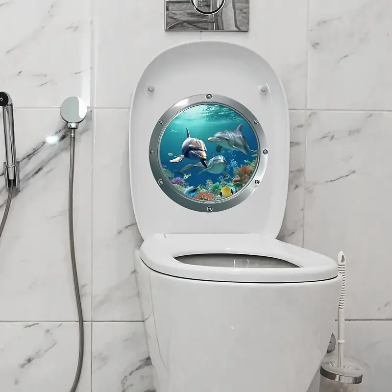 1 pcs  Ocean World Porthole Toilet Tank Decal, Underwater Sea Life Sticker for Bathroom, Wall Mural Creation, Indoor Decorative Accessory, Plastic, No Electricity Needed
