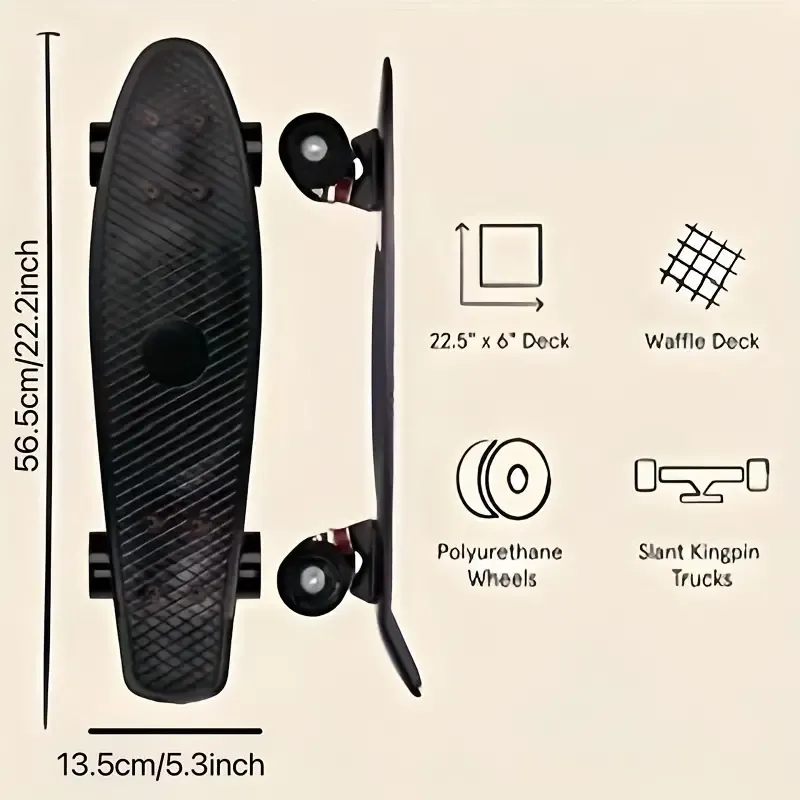 22.5-Inch Mini Cruiser Skateboard with Aluminum Trucks - Plastic Deck, Suitable for 14+ Experts, Beginner-Friendly Fish Board, Compact Penny Board Style, Non-Electric, Wireless Free, Advanced Skating Skill Board