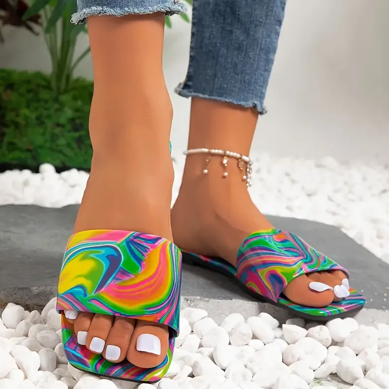 Women's Abstract Color Slide Sandals, Fashion Square Open Toe Flat Summer Shoes, Lightweight Slide Sandals