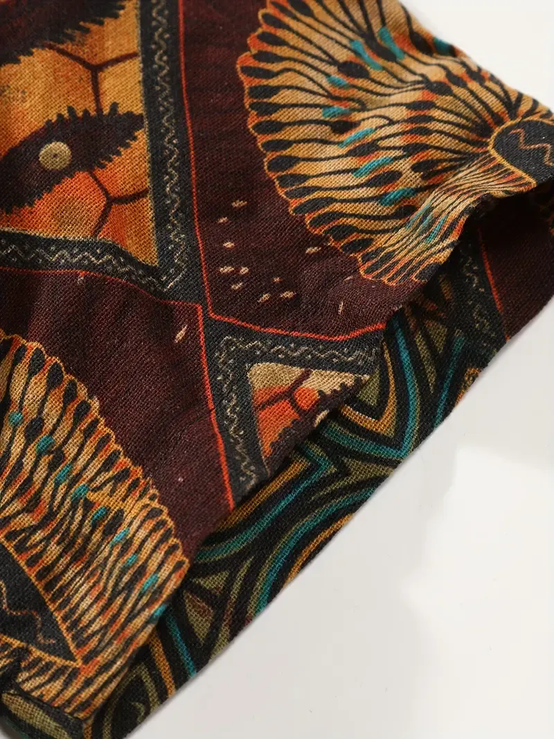 Men's Stylish Loose Cotton Blend Geometric Print Shirt, Casual Breathable Lapel Button Up Short Sleeve Shirt For Summer Outdoor Activities