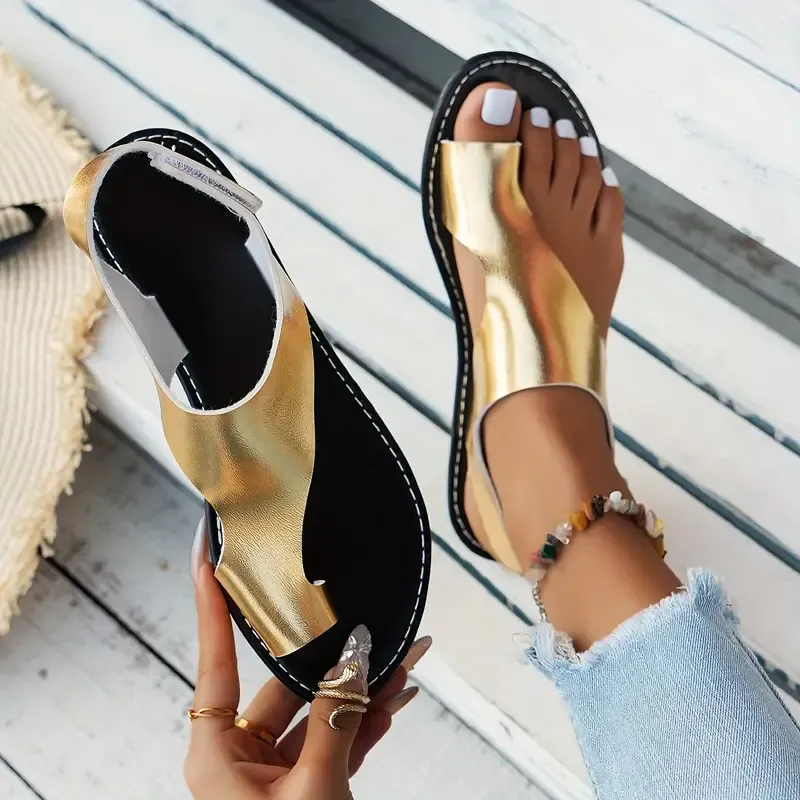 Women's Solid Color Casual Sandals, Ankle Strap Lightweight Slip On Walking Shoes, Toe Loop Vacation Shoes