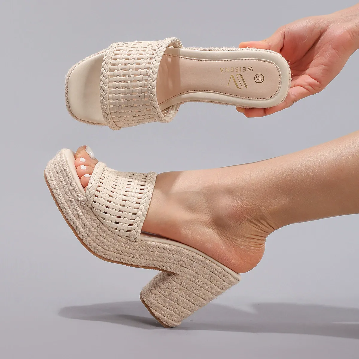 Hollowed-out hemp rope wedge heel sandals with a one-strap summer casual shoes