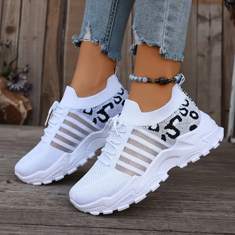 Women's Casual Sports Shoes, Flying Woven Leopard Print Breathable Lace-up Running Shoes, Comfortable Platform Shoes