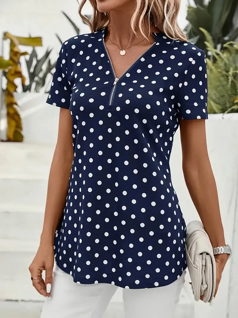 Polka Dots Print V Neck Blouse, Elegant Zipper Front Short Sleeve Blouse For Spring & Summer, Women's Clothing