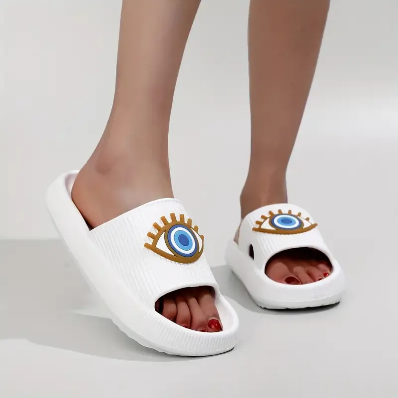 Women's Demon Eye Design Slides, Casual Open Toe Soft Sole Shoes, Comfortable Indoor Home Bathroom Slides