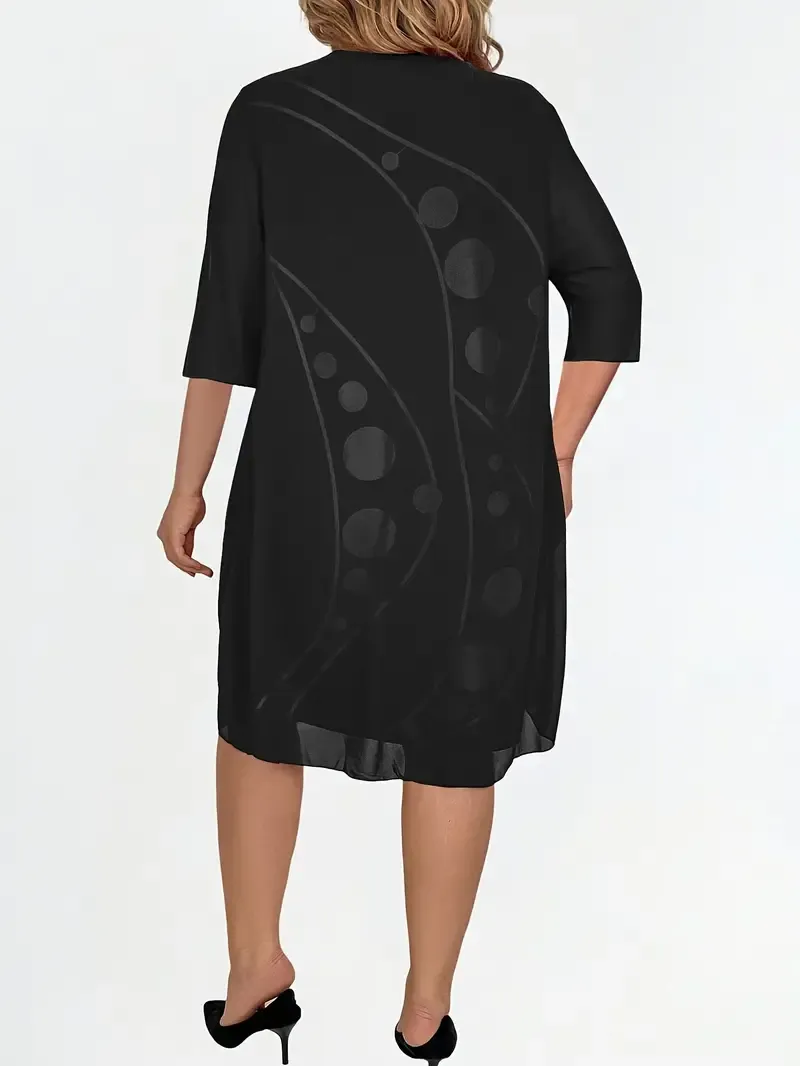 Abstract Print Layered Dress, Elegant Crew Neck Dress, Women's Clothing
