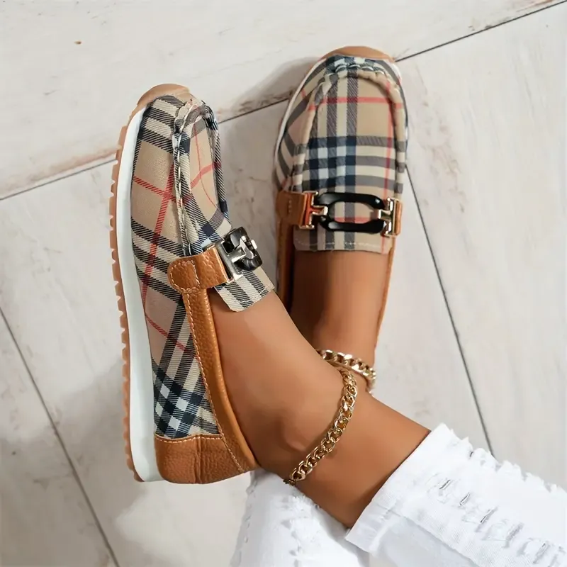 Women's Casual Slip-On Flats with Classic Metal Buckle, Striped Print, Fabric Upper & Lining, Lightweight Rubber Sole, Comfortable Non-Slip Summer Loafers