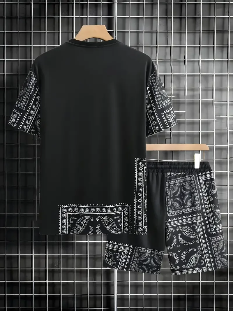Men's Outfit, Paisley Graphic Print Casual Crew Neck Short Sleeve T-Shirt & Shorts 2-piece Set For Summer Outdoor Activities