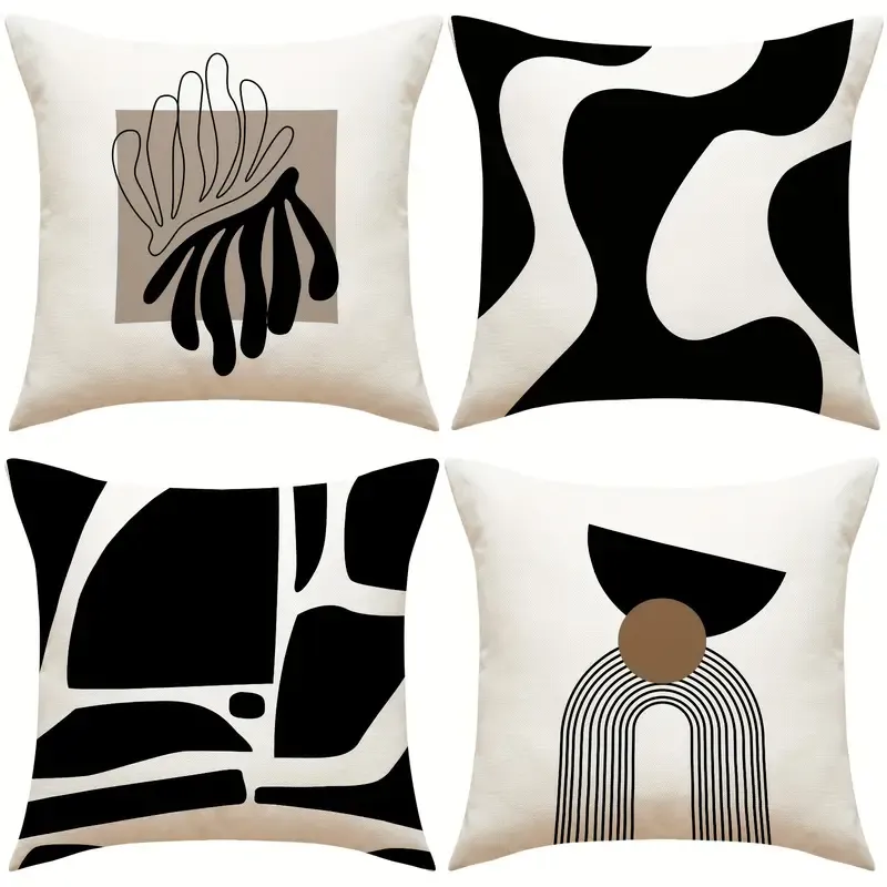 4pcs 1set Contemporary Geometric Abstract Pillow Covers, 45x45cm Linen Cushion Cases, Zippered Sofa Decor, Home Decor, No Insert, Machine Washable