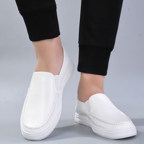 Men's casual leather shoes, waterproof, non-slip, soft-soled, work shoes, Korean style, versatile, flat, white leather shoes, slip-on sneakers