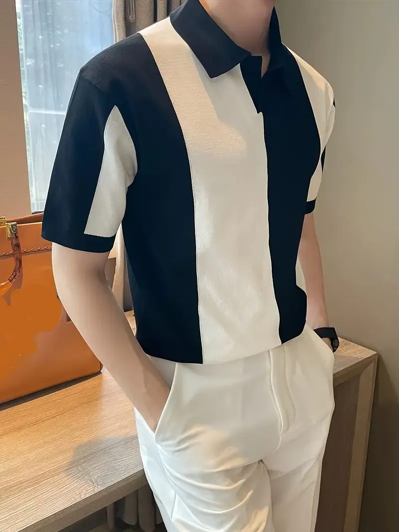 High Stretch Men's Color Block Golf Shirt, Casual Short Sleeve Lapel Shirt For Outdoor