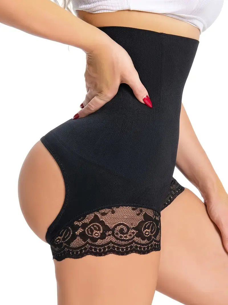 Lace Trim Shaping Panties, High Waist Tummy Control Open Butt Panties, Women's Underwear & Shapewear