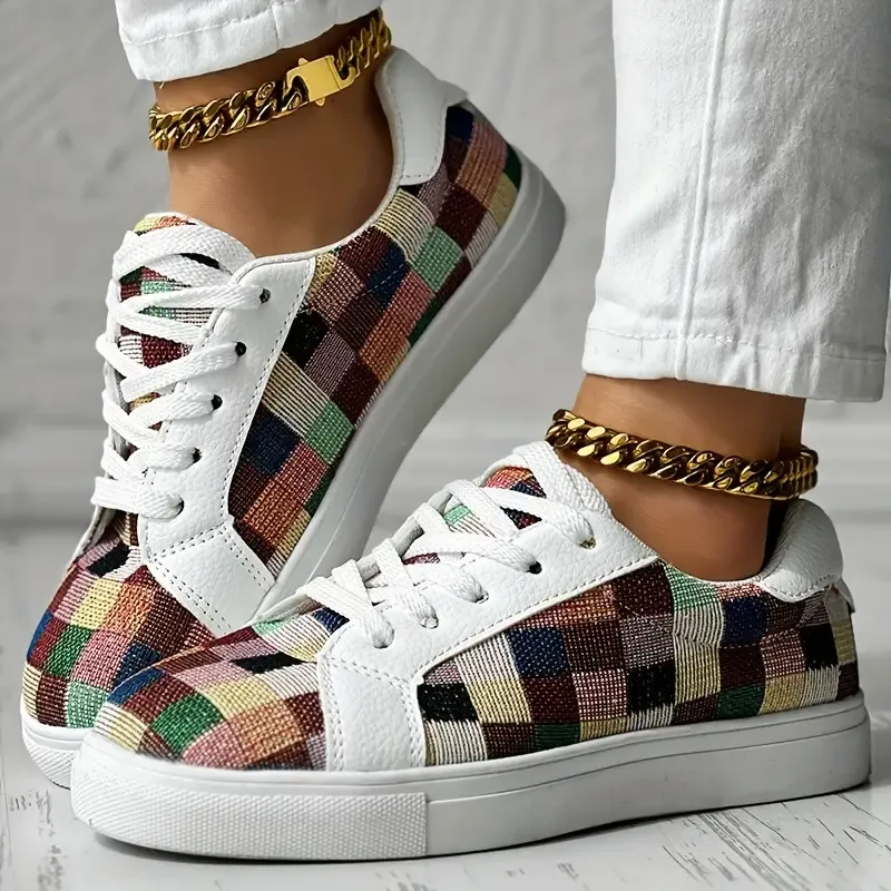 Women's Colorful Lace-Up Sneakers, Casual Low-Top Fashion Walking Daily Shoes, Comfortable Plaid Print Footwear