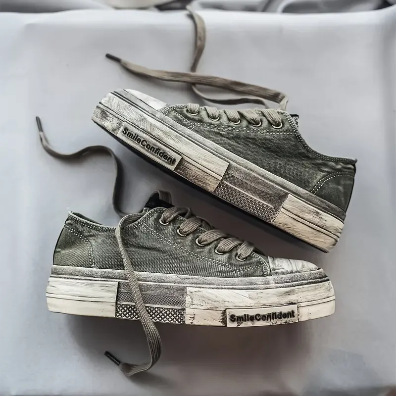 Men's Vintage Casual Canvas Sneakers - Low Top, Solid Color, Fabric Lining, Rubber Sole, PU Insole, Universal Fit, Trendy Street Style, All-Season Comfort