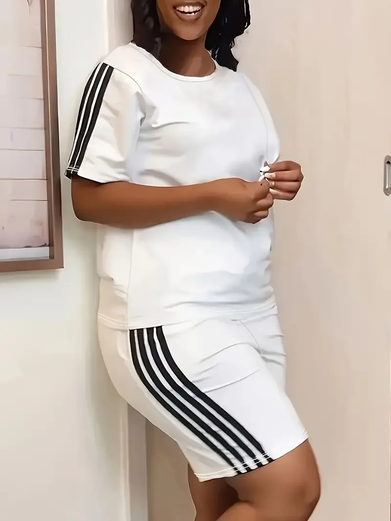 Striped Crew Neck Matching Two-piece Set, Casual Short Sleeve T-shirt & Shorts Outfits, Women's Clothing