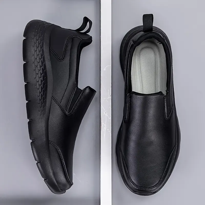 Men's Slip-On Sneakers - Casual Sport Loafers with Solid Color, Non-Slip Rubber Sole, Comfort Shock Absorption, Waterproof Oil-Resistant, Round Toe PU Upper, Fall Lightweight Athletic Shoes Without Lining