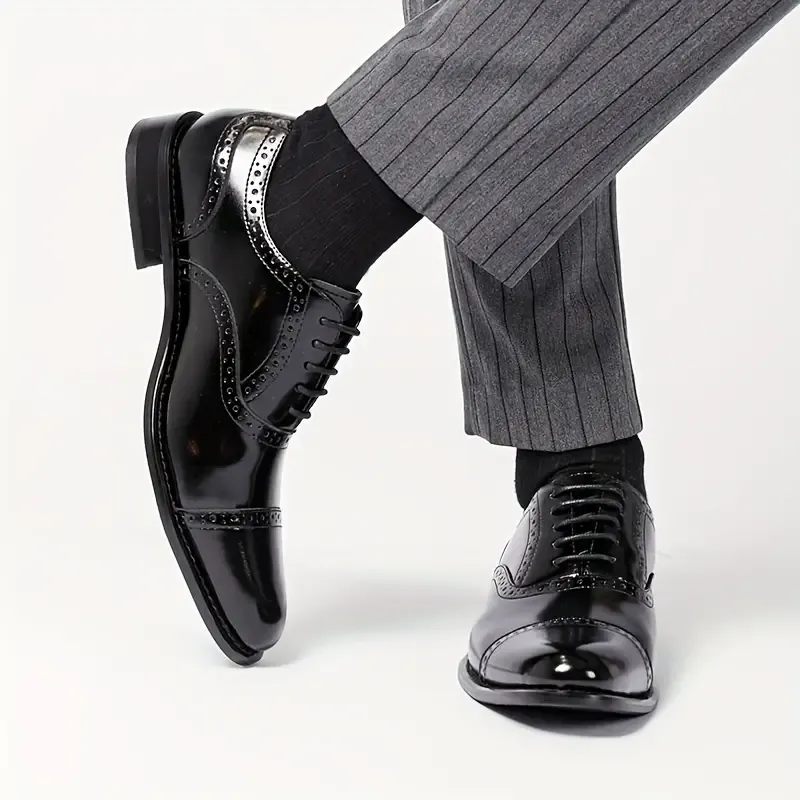 Men's Split Cow Leather Upper Solid Color Cap Toe Microfiber Upper Oxford Shoes, Comfy Non Slip Rubber Sole Durable Formal Shoes, Men's Footwear