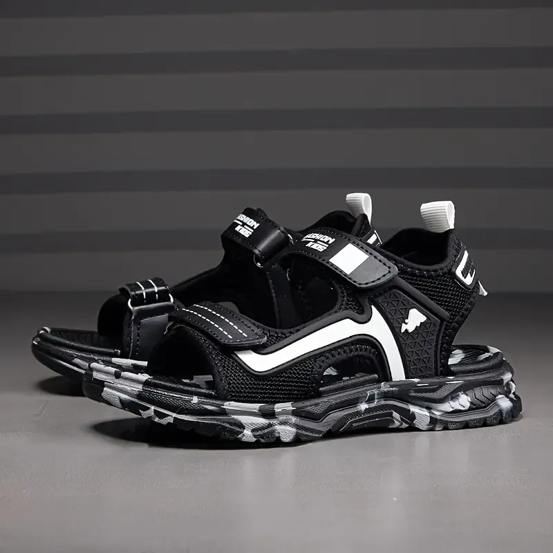 Trendy Cool Camouflage Sole Open Toe Sport Sandals For Boys, Breathable Lightweight Sandals For Outdoor Beach Walking Camping Hiking