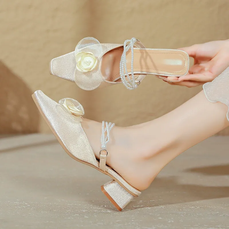 🔥2025 HOT SALE -50%🔥New Arrival Chunky Heel Mid-Height Women's Shoes Versatile Floral Silk Pumps French Mary Jane Square-Toe Flats for Women