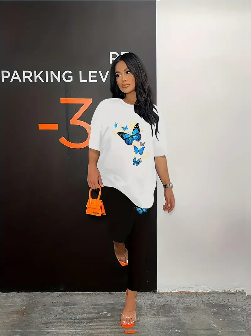 Butterfly Print Summer & Spring Casual Two-piece Set, Crew Neck Short Sleeve T-shirt & Slim Pants Outfits, Women's Clothing