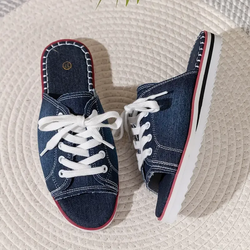 Women's Denim Slide Sandals, Casual Open Toe Summer Shoes, Women's Comfortable Lace Up Slide Sandals