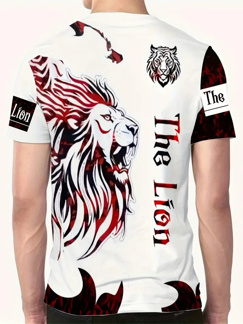 Men's Lion Print T-shirt, Casual Short Sleeve Crew Neck Tee, Men's Clothing For Summer Outdoor