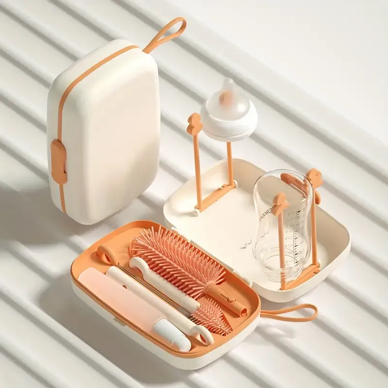 Silicone Bottle Brush And Pacifier Brush With Storage Box, Draining Rack, And Straw Brush, Home And Travel Use