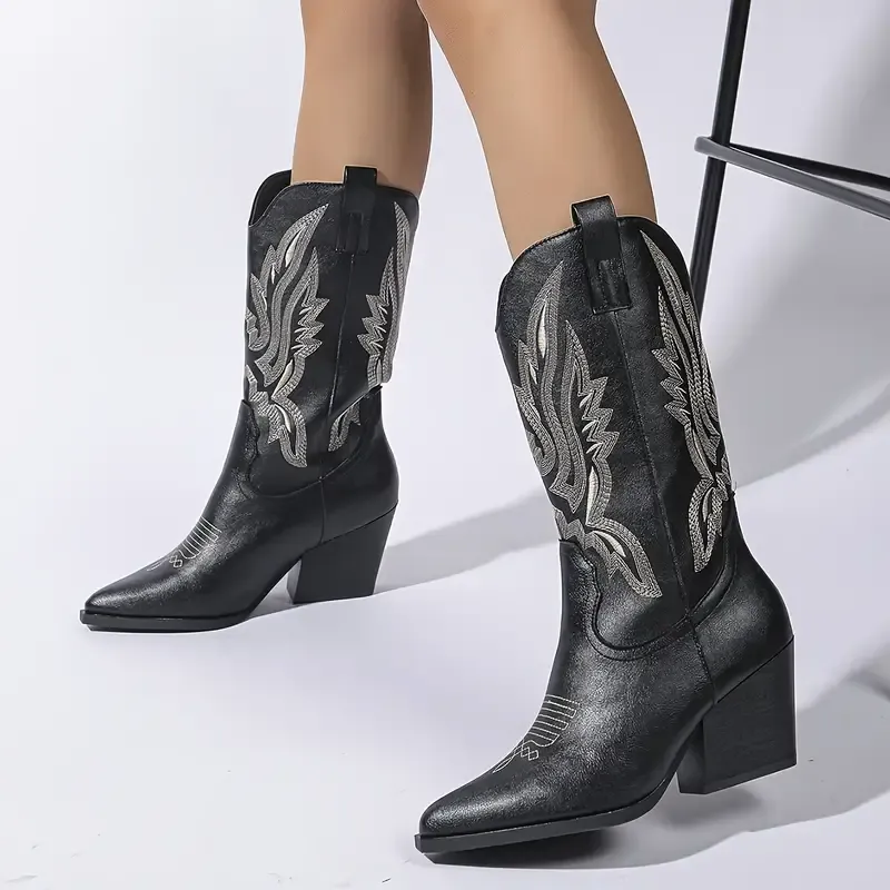 Chic Embroidered Western Cowboy Boots for Women - Fashionable Pointed Toe, Chunky Heel Mid-Calf Riding Boots with V-Cut Design, Slip-On PU Cover