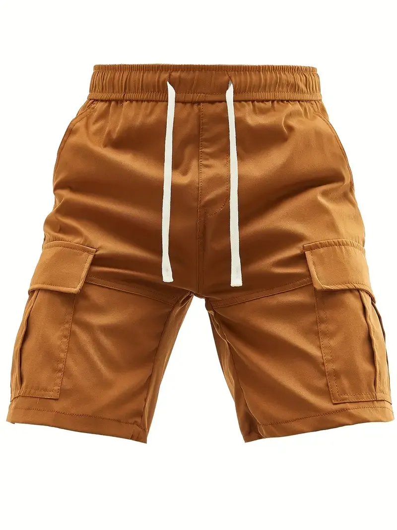 Casual Solid Men's Loose Fit Waist Drawstring Cargo Shorts With Side Pockets For Summer Outdoor Leisure And Work