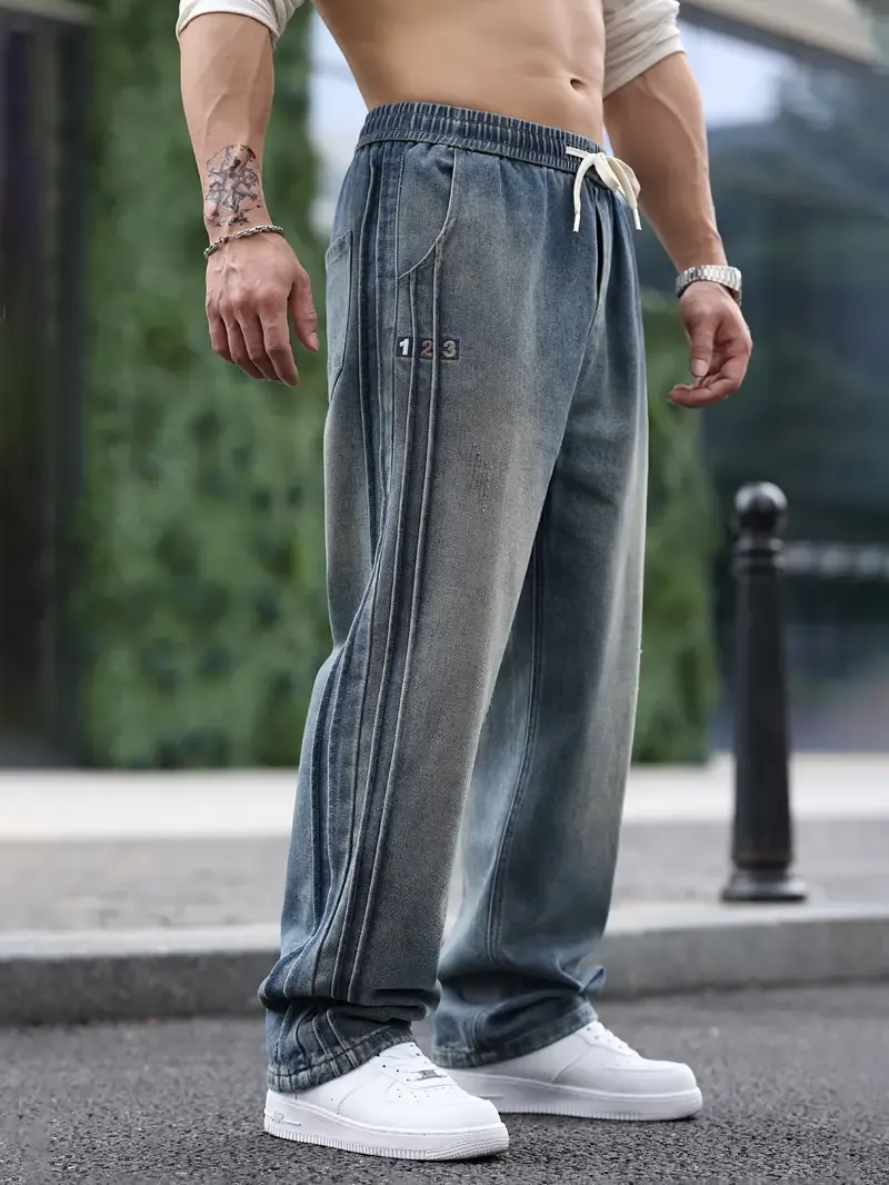 Loose jeans for men with wide legs and drawstring, stylish and comfortable jeans can be worn all seasons