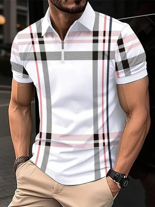 Men's Plaid Pattern Short Sleeve Lapel T-shirt For Summer, Casual Stylish Versatile Street Style Tops As Gift