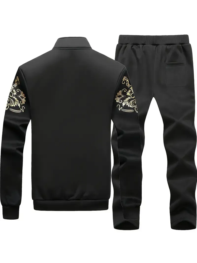 Men's Casual 2-Piece Outfit, Fashion Printed Full Zip Jacket & Drawstring Pants, Breathable Comfy Sports Set