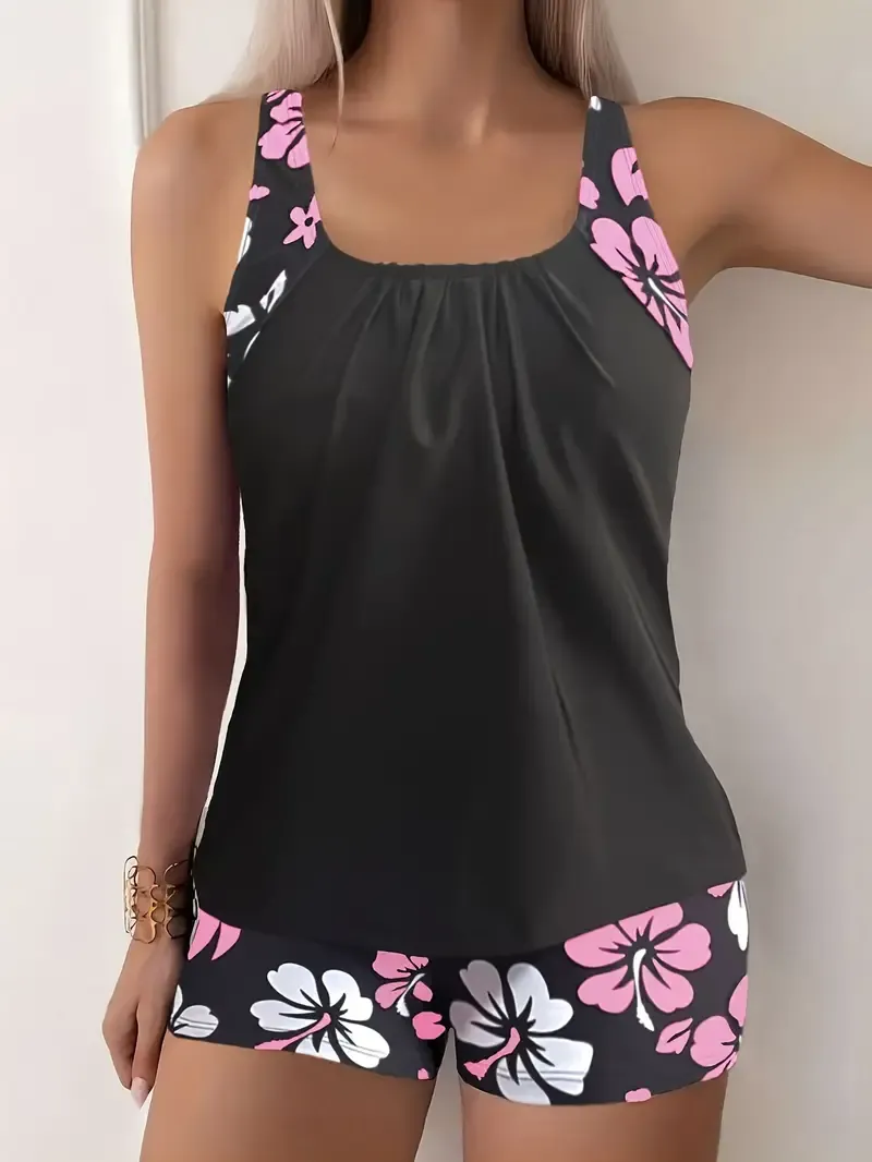 2pcs Floral Print Tankini and Peace Angle Swimsuit Sports Suit