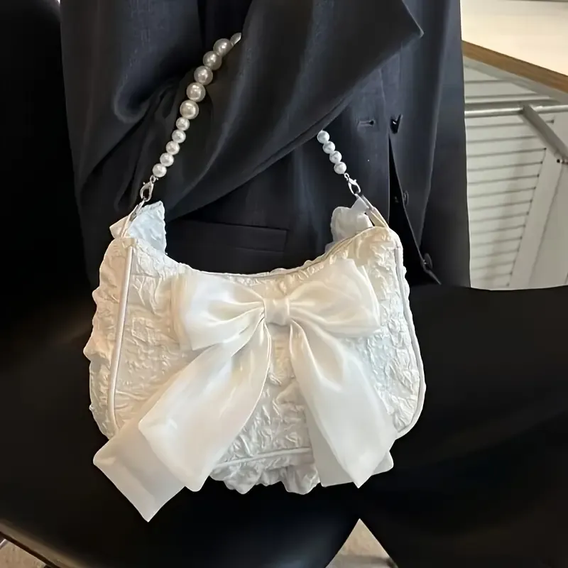 Elegant Faux Pearl & Rhinestone Chain Crossbody Bag - Chic Argyle Jacquard with Bowknot, Perfect for Parties, Weddings, Proms Women's Fashion Shoulder PurseWhite