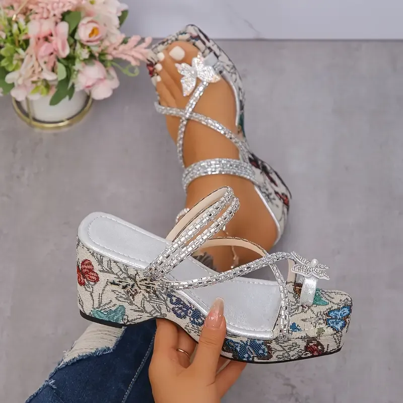 Women's Rhinestone Decor Sandals, Platform Soft Sole Butterfly Vacation Toe Loop Shoes, Summer Wedge Vacation Shoes