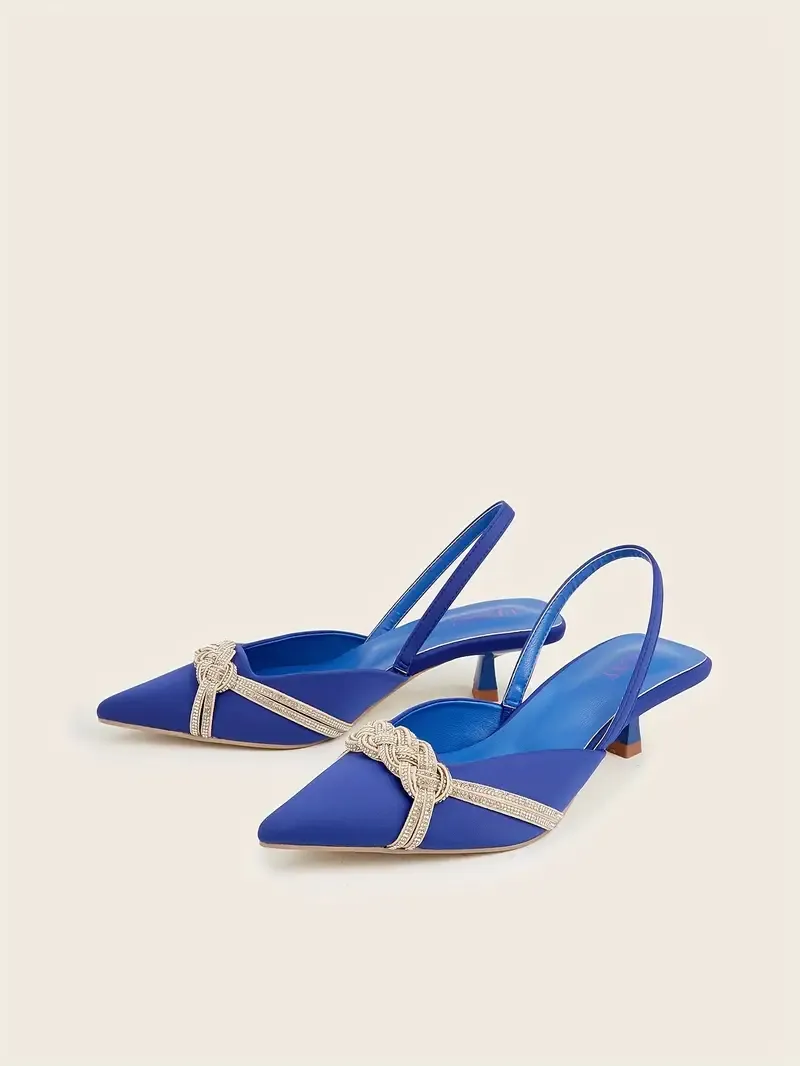 Women's Slingback Kitten Heels, Rhinestone Braided Strap Slip On Sandals, Solid Color Elastic Strap Low Heels