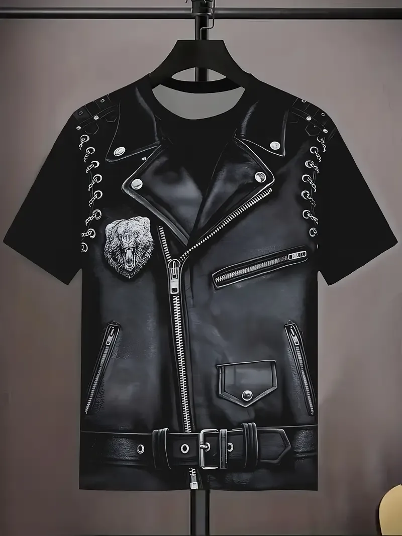 Men's Fake Vest Graphic Print T-shirt, Short Sleeve Crew Neck Tee, Men's Clothing For Summer Outdoor