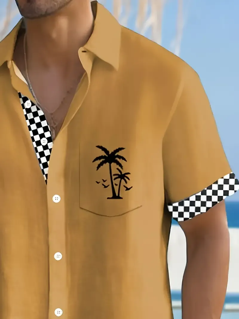Hawaii Style Men's Coconut Trees Graphic Print Short Sleeve Lapel Shirt Top, Male Casual Button Up Shirt For Daily And Vacation Resorts