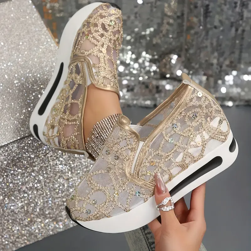 All-Season Fashion Sneakers for Women with Sequins, Breathable Hollow-Out Lace Pattern, Comfortable Slip-On Low Top Casual Shoes with Rubber Sole and Fabric Lining