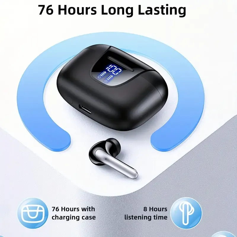 Wireless Earbuds, Bluetooth 5.3 Earbuds, 13MM Speaker, Ultra-Long Playback Time, Type-C Fast Charging Case, Stereo Bluetooth In-Ear Headphones, Suitable for iPhone and Android, Gaming Business Sports Earbuds with Mic. With Digital Power Display